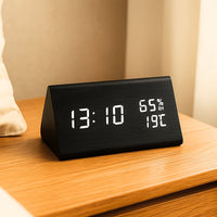 Wooden Triangle LED Digital Clock with Temp & Humidity