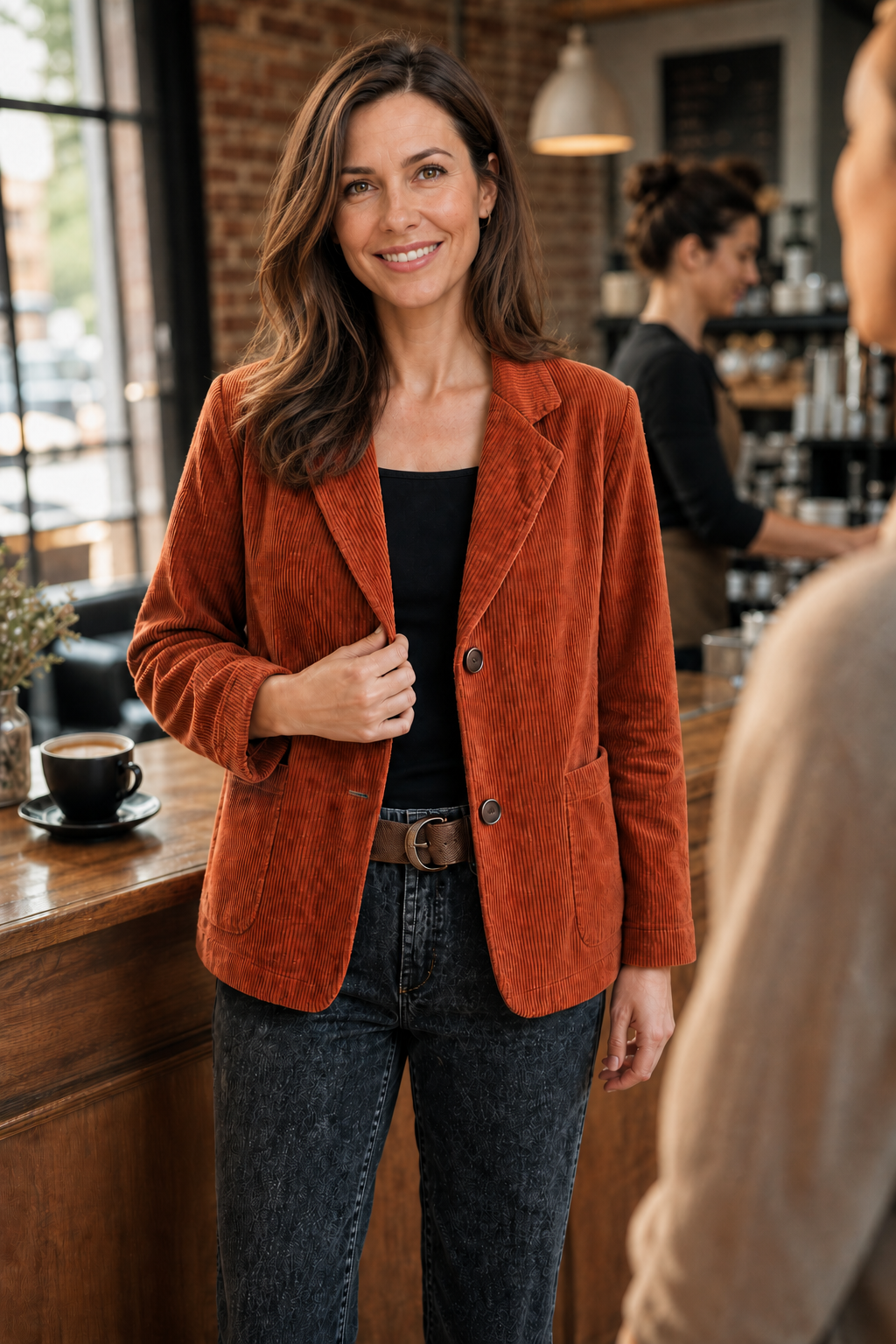 Fine Corduroy-Look Structured-Shoulder Jacket