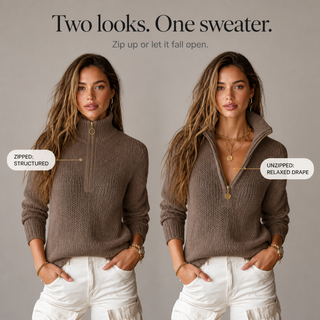 Half-Zip Collar Textured Knit Sweater
