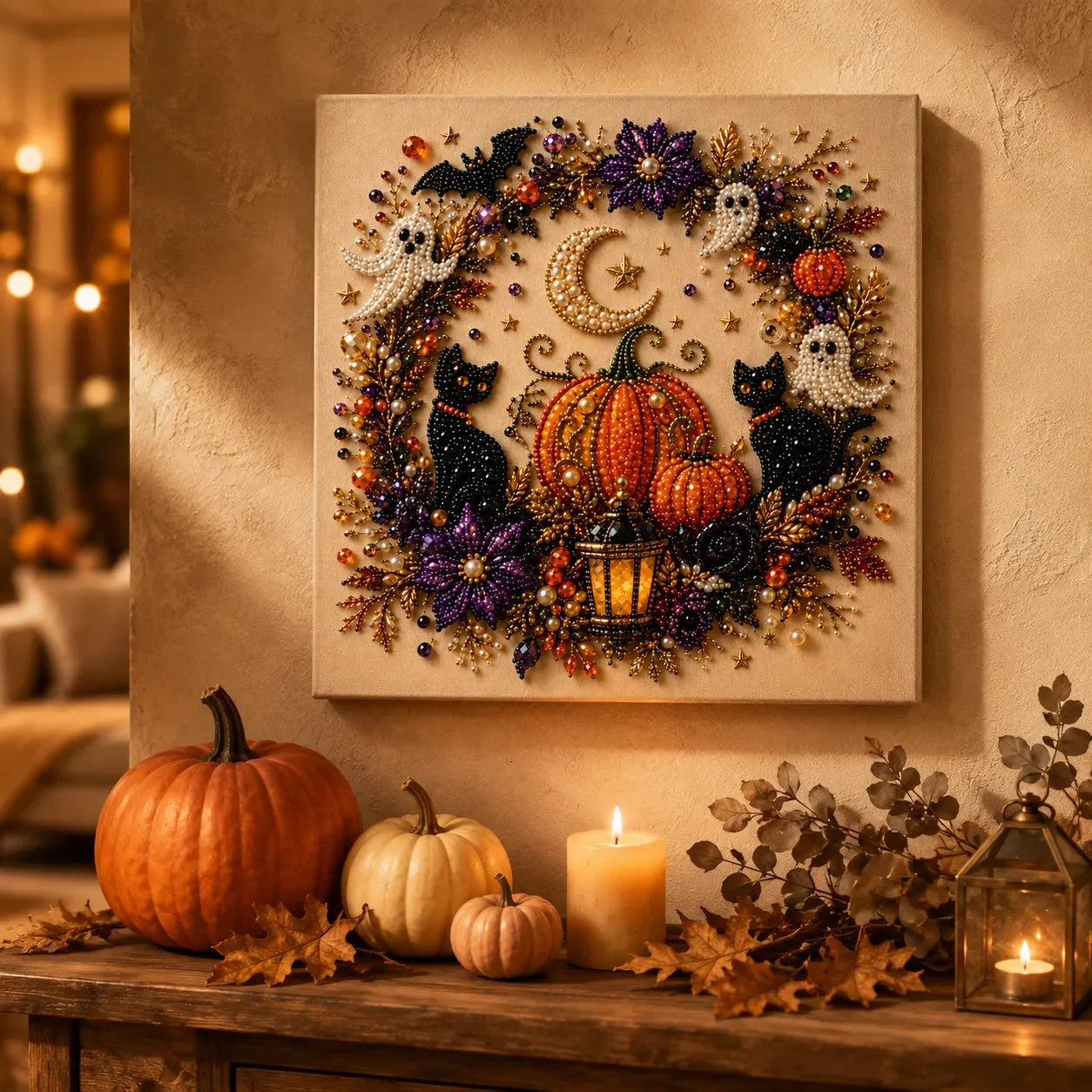 Halloween Faux Pearl Bead Craft Kit - Cozy DIY Wall Art