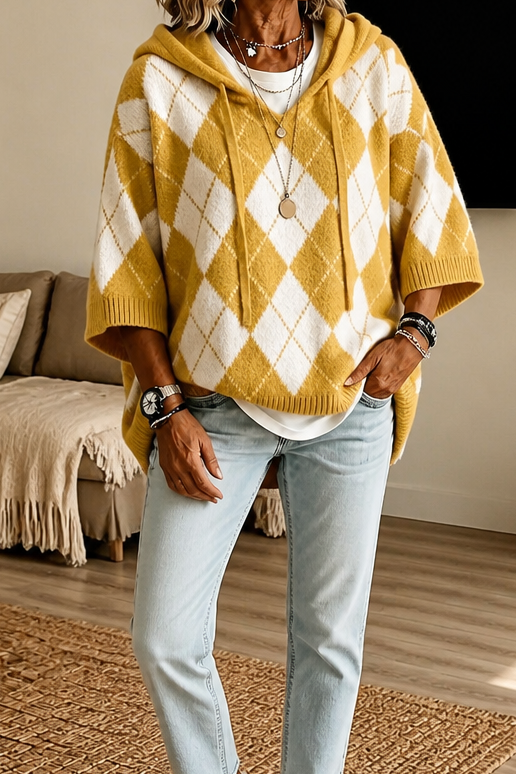 Hooded Argyle Batwing Poncho Sweater