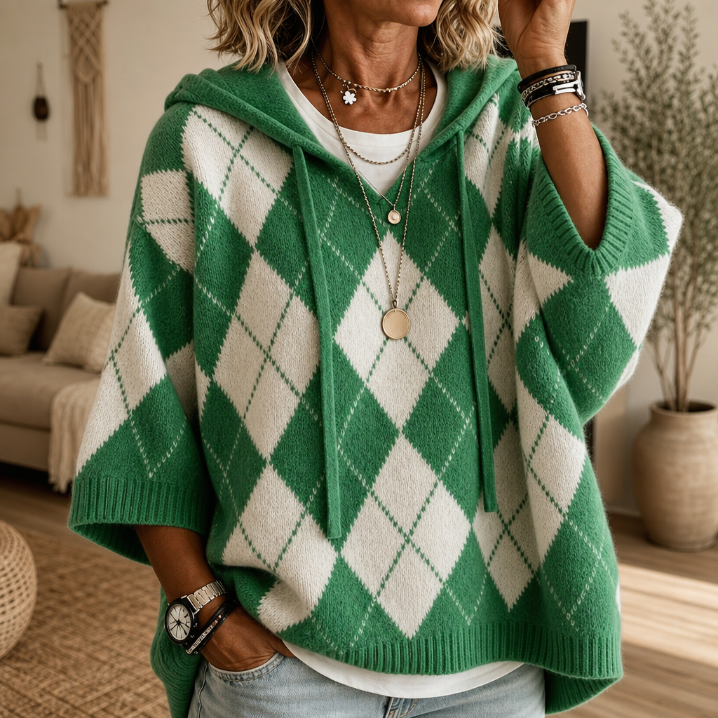 Hooded Argyle Batwing Poncho Sweater