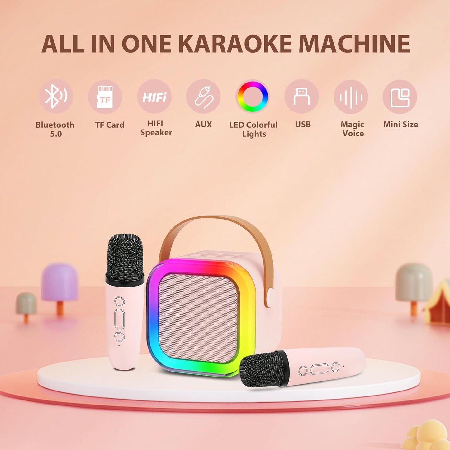 Kids Portable Mini Karaoke Machine with Wireless Microphones & LED Lights
