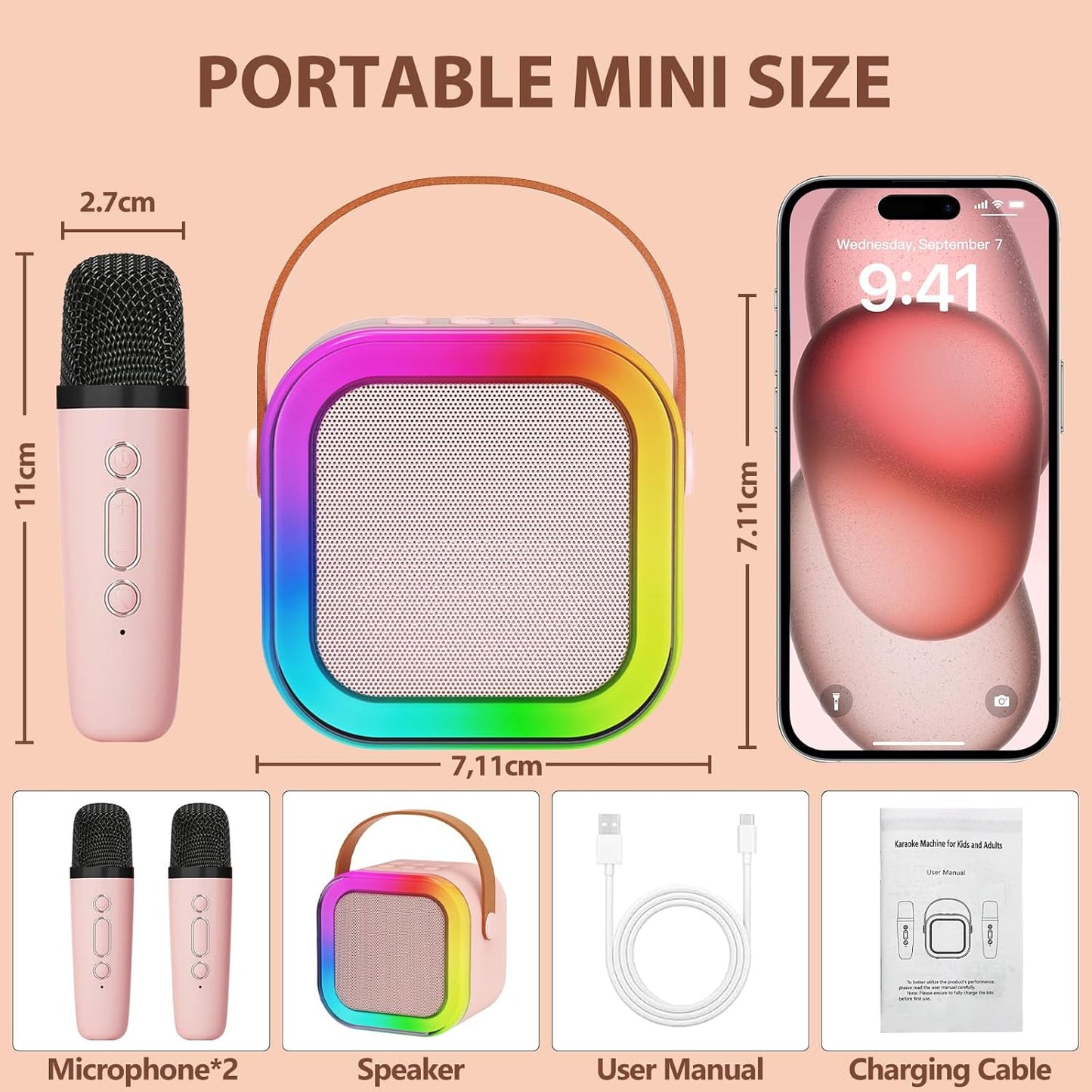 Kids Portable Mini Karaoke Machine with Wireless Microphones & LED Lights