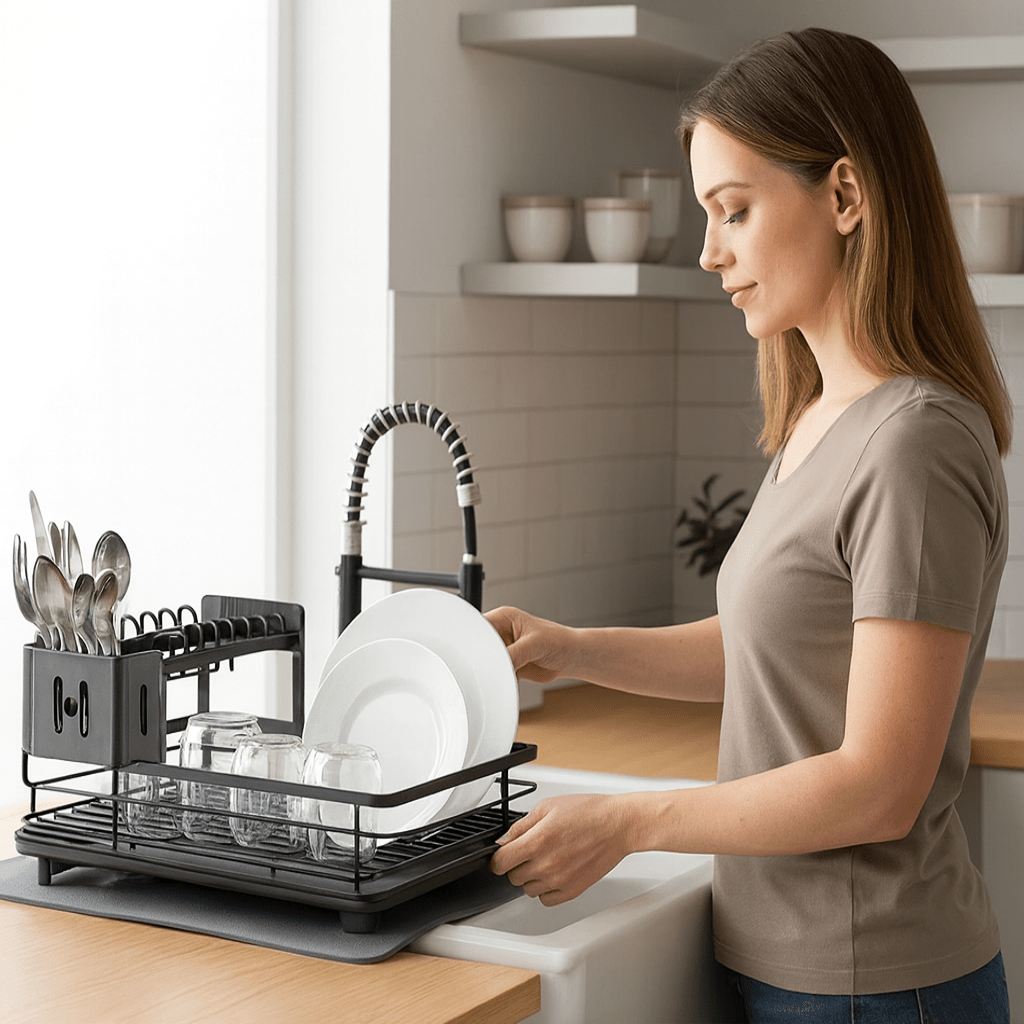 KITCHENFORM – Foldable stainless steel dish rack, space-saving design for modern kitchens