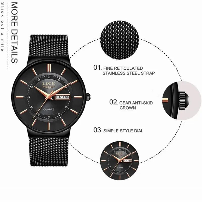Luxury Men's Ultra-Thin Waterproof Stainless Steel Quartz Watch – Elegant Date Display Sports Wristwatch