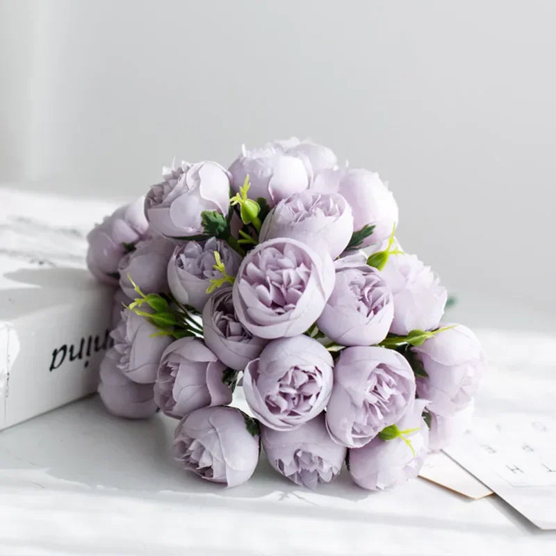 Lyra Silk Peony Bouquet With 27 Realistic Blooms In Romantic Tones