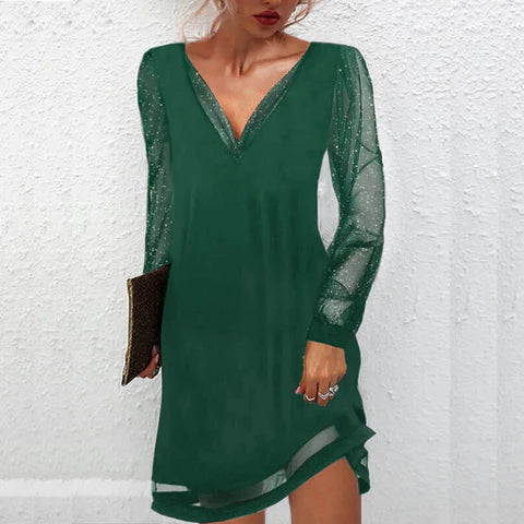 Matilde - Elegant Mid-Length Dress with V-Neck and Lace Details