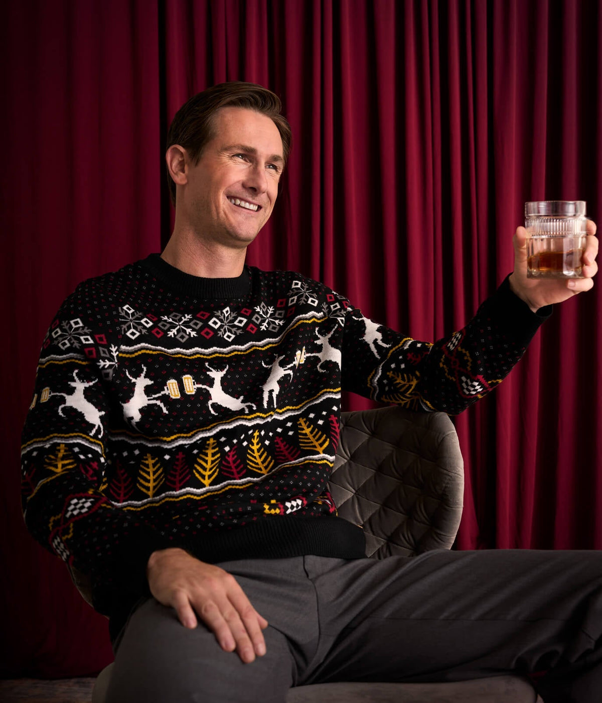 Men's Christmas Sweater with Reindeer, Mugs, Trees and Snowflakes in Fluffy Knit