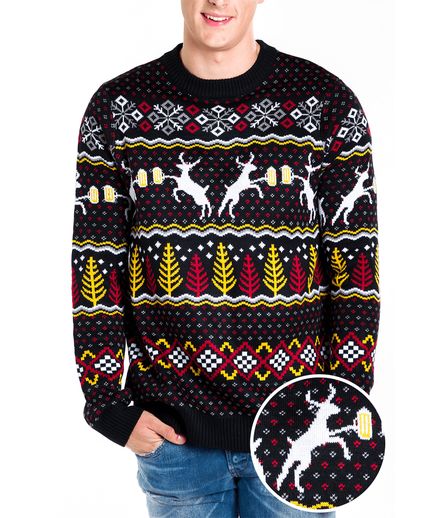 Men's Christmas Sweater with Reindeer, Mugs, Trees and Snowflakes in Fluffy Knit