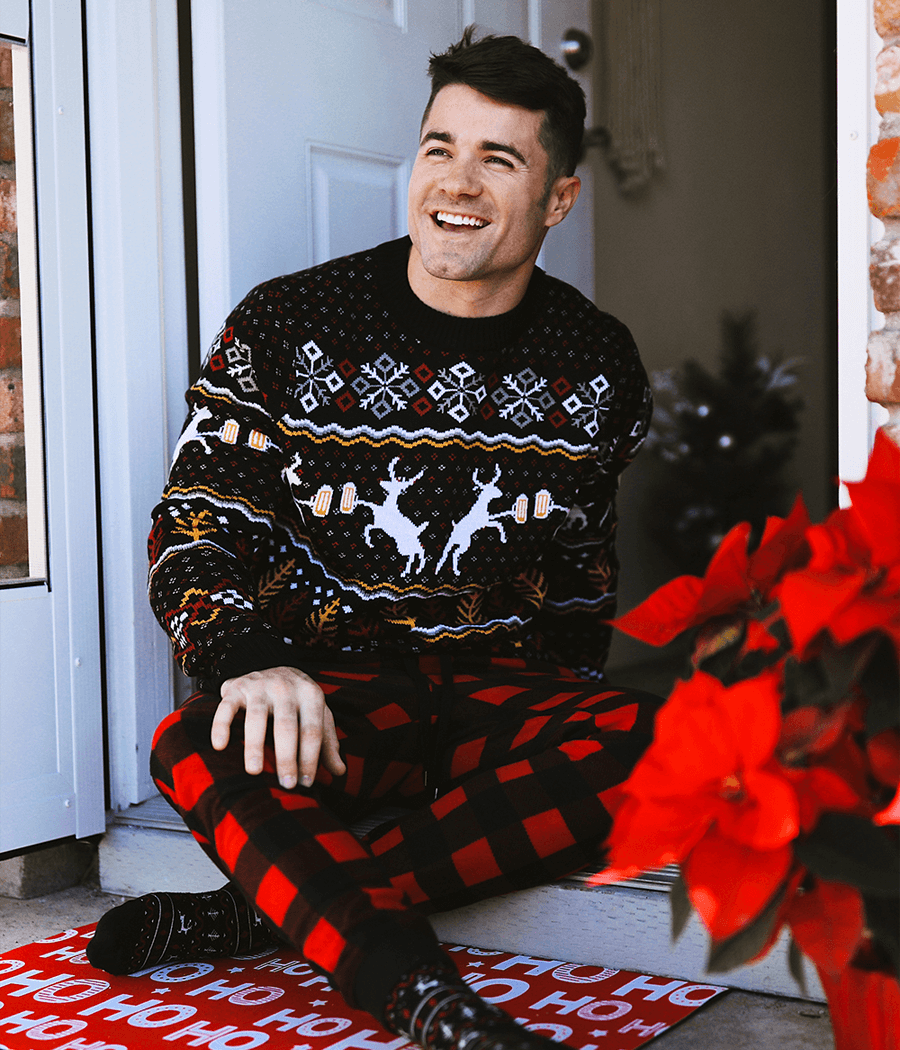 Men's Christmas Sweater with Reindeer, Mugs, Trees and Snowflakes in Fluffy Knit