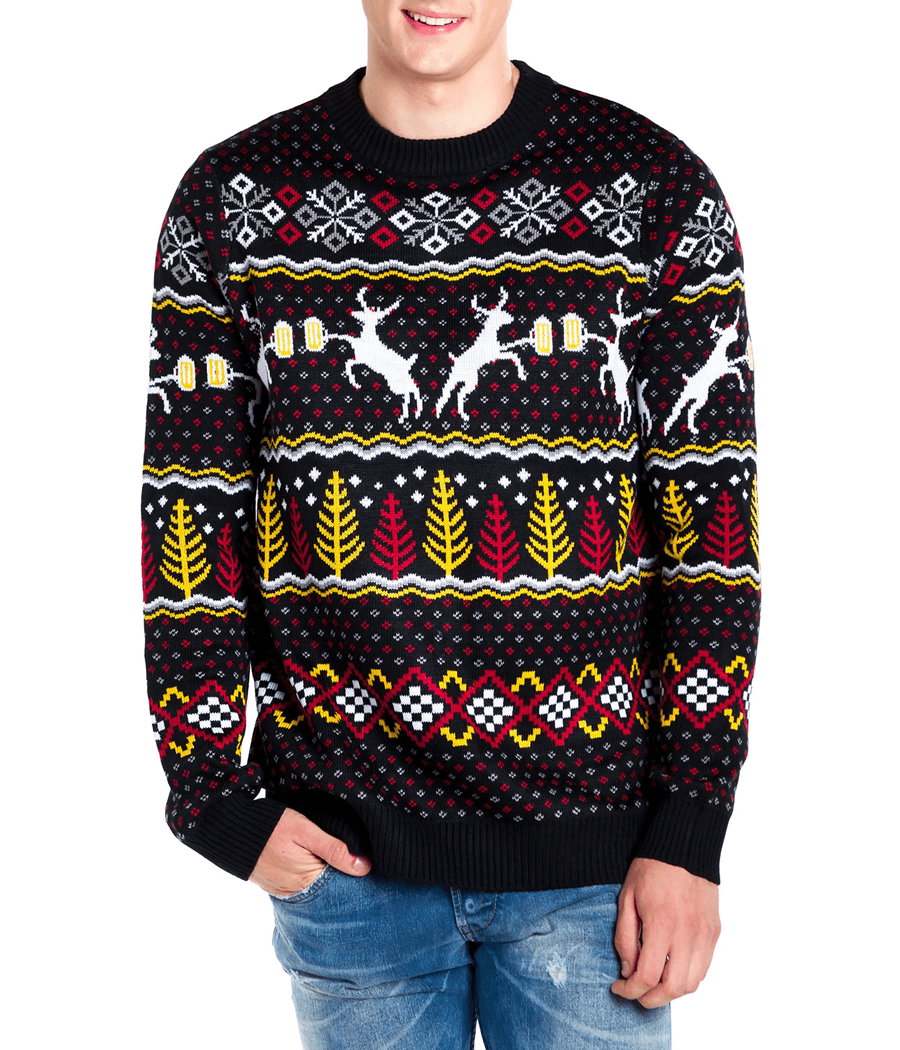 Men's Christmas Sweater with Reindeer, Mugs, Trees and Snowflakes in Fluffy Knit