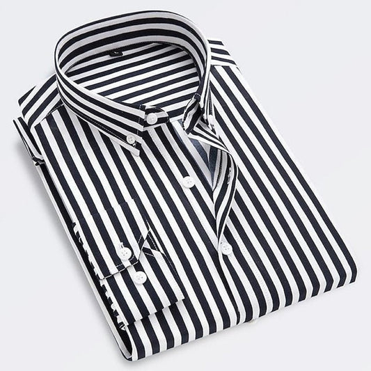 Men's Classic Striped Long-Sleeve Button-Down Dress Shirt