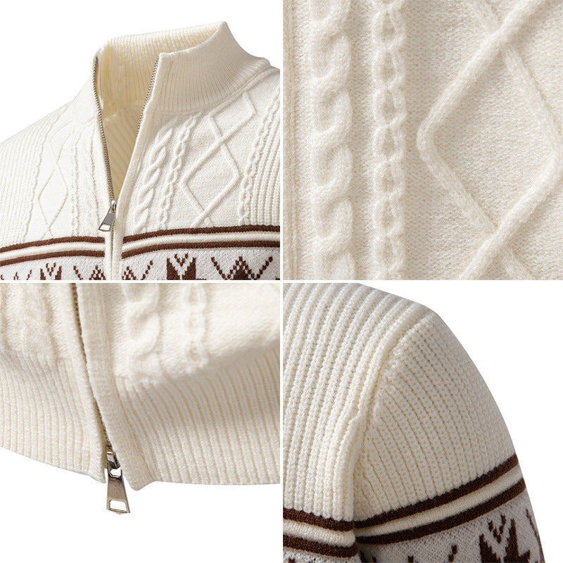 Men's Full-Zip Norwegian Cardigan with High Stand-Up Collar