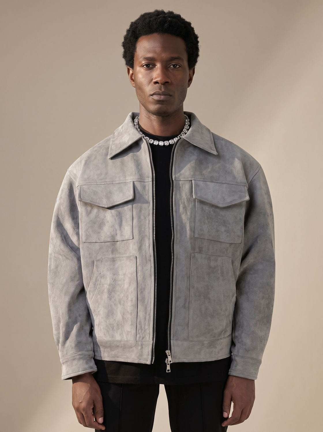 Men's Full-Zip Suede Trucker Jacket with Shirt Collar