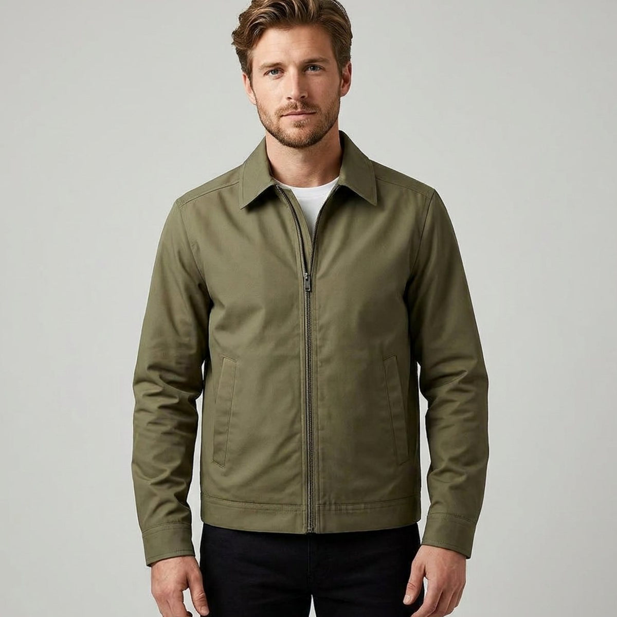 Men's Harrington Bomber Jacket with Checked Lining and Shirt Collar