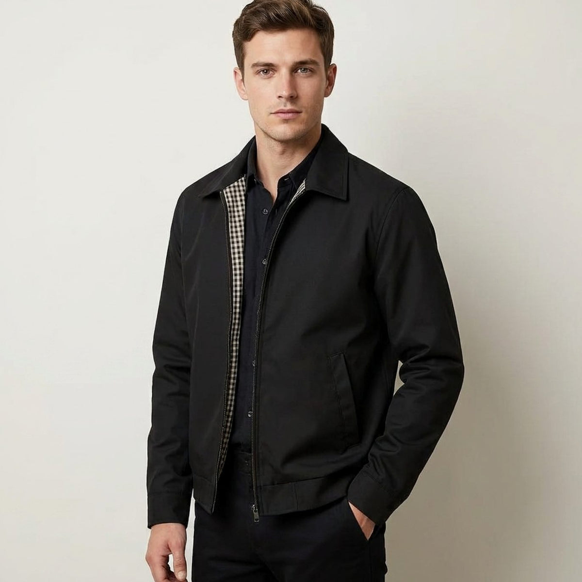 Men's Harrington Bomber Jacket with Checked Lining and Shirt Collar