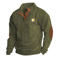 Men's Knit Pullover with Stand-Up Collar, Snap-Button Placket, Leather Trim and Elbow Patches