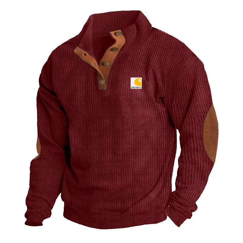 Men's Knit Pullover with Stand-Up Collar, Snap-Button Placket, Leather Trim and Elbow Patches
