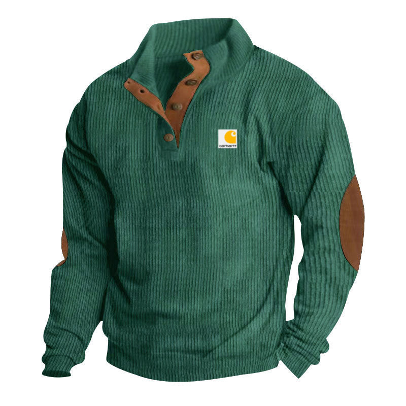 Men's Knit Pullover with Stand-Up Collar, Snap-Button Placket, Leather Trim and Elbow Patches