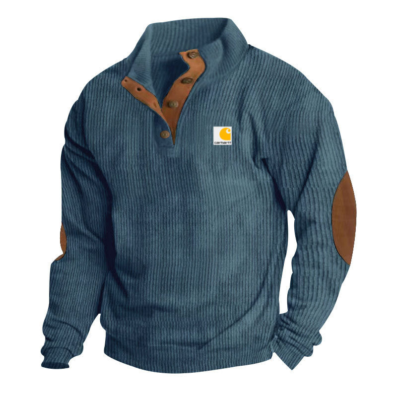 Men's Knit Pullover with Stand-Up Collar, Snap-Button Placket, Leather Trim and Elbow Patches