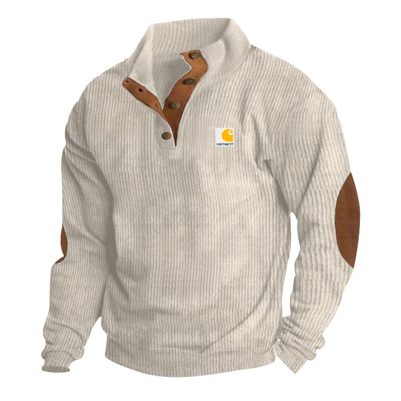 Men's Knit Pullover with Stand-Up Collar, Snap-Button Placket, Leather Trim and Elbow Patches