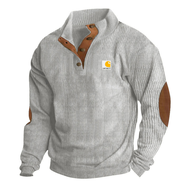 Men's Knit Pullover with Stand-Up Collar, Snap-Button Placket, Leather Trim and Elbow Patches