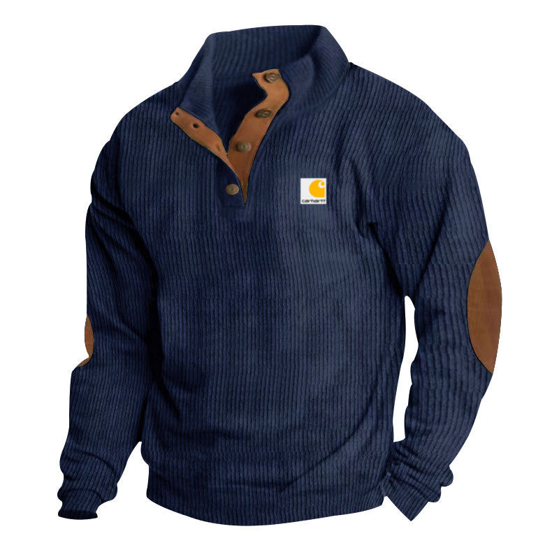 Men's Knit Pullover with Stand-Up Collar, Snap-Button Placket, Leather Trim and Elbow Patches