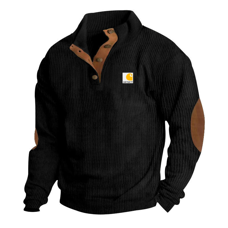Men's Knit Pullover with Stand-Up Collar, Snap-Button Placket, Leather Trim and Elbow Patches
