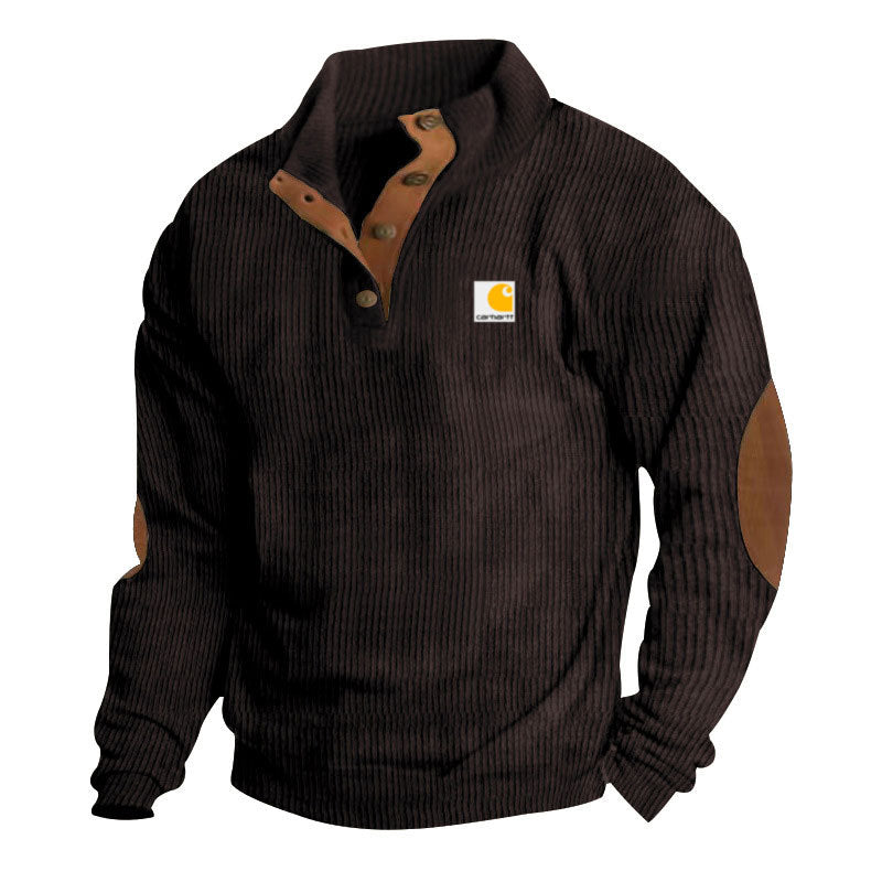 Men's Knit Pullover with Stand-Up Collar, Snap-Button Placket, Leather Trim and Elbow Patches