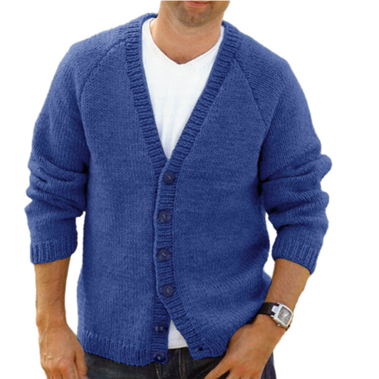 Men's Knitted Cardigan with Deep V-Neck and Button Details