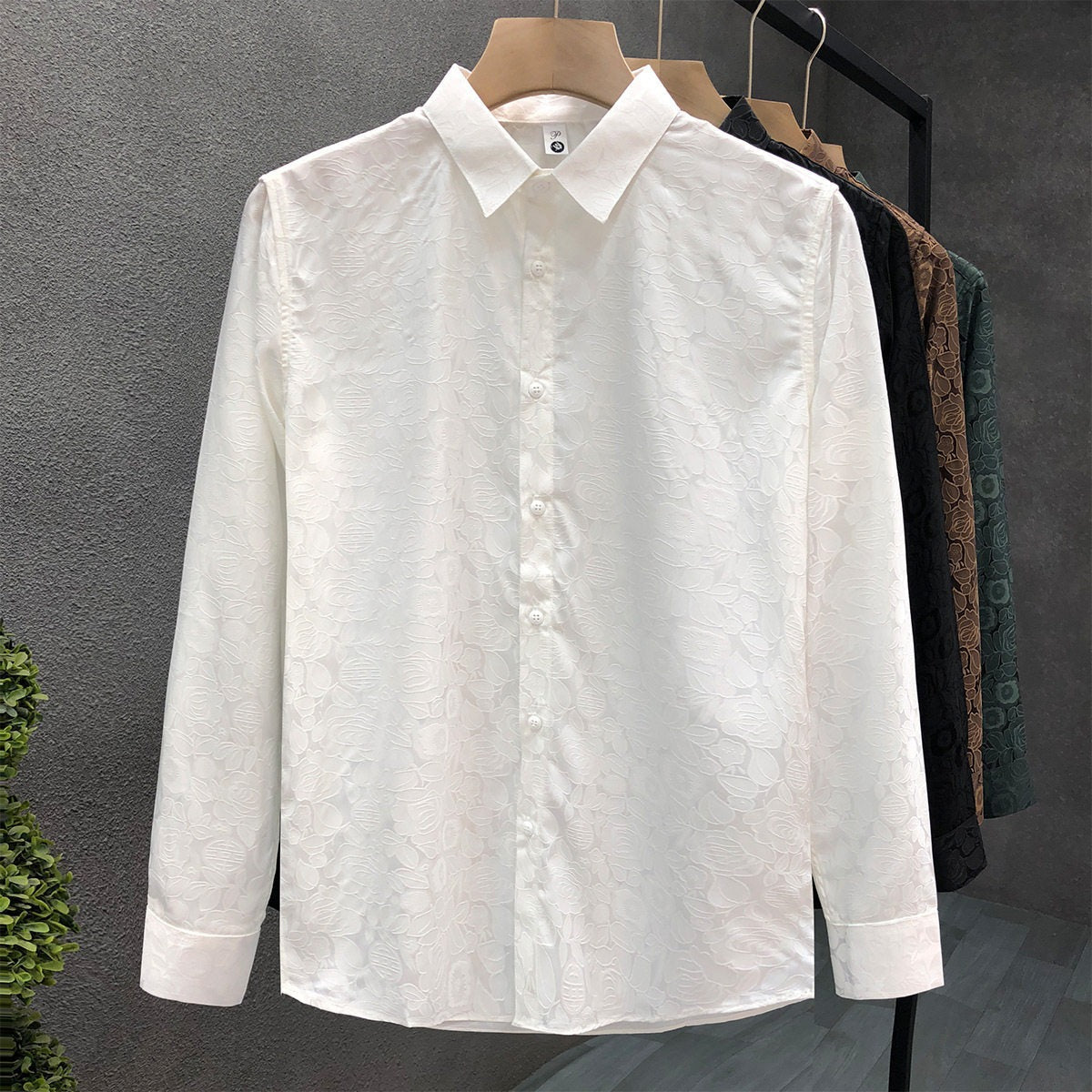 Men's Long-Sleeve Floral Jacquard Shirt with Kent Collar