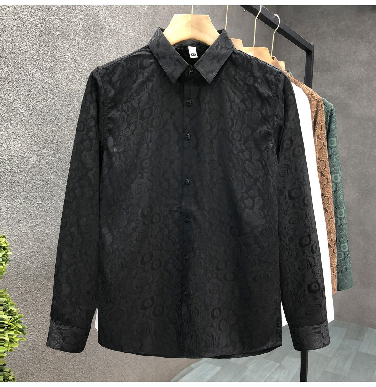 Men's Long-Sleeve Floral Jacquard Shirt with Kent Collar