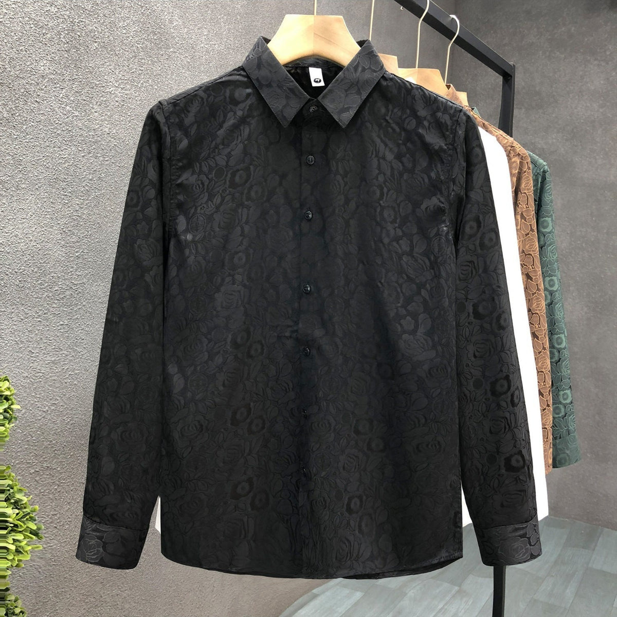 Men's Long-Sleeve Floral Jacquard Shirt with Kent Collar