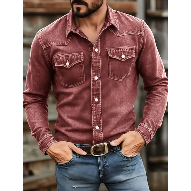 Men's Long-Sleeve Western Denim Shirt with Snap-Button Chest Pockets