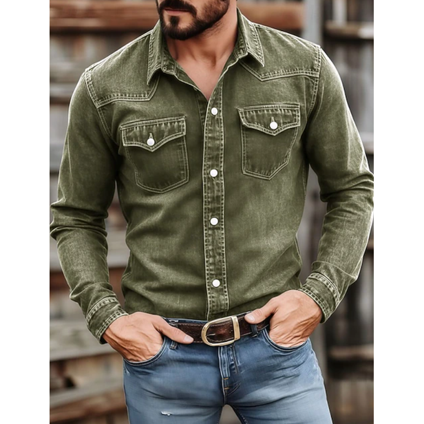 Men's Long-Sleeve Western Denim Shirt with Snap-Button Chest Pockets