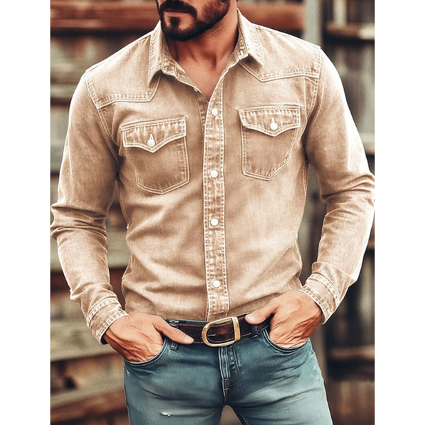 Men's Long-Sleeve Western Denim Shirt with Snap-Button Chest Pockets