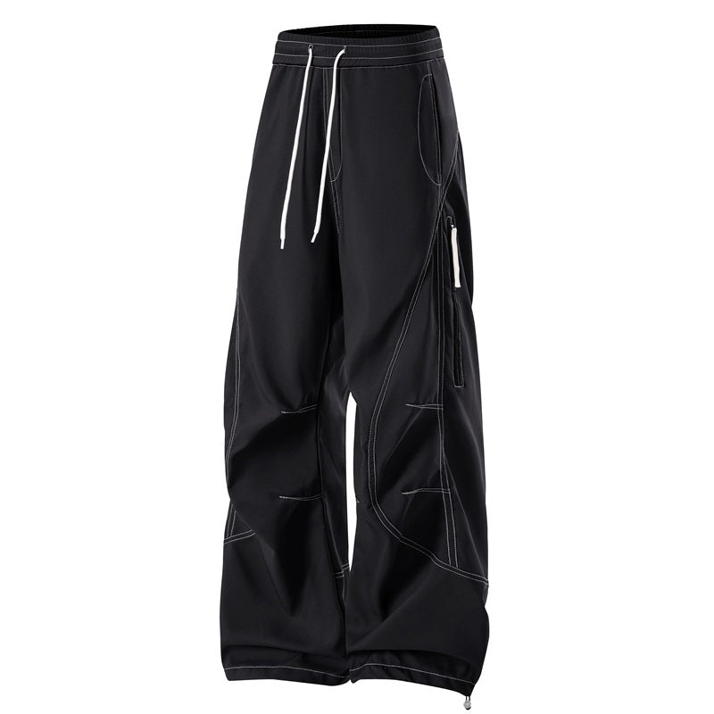Men's Loose Cargo Pants with Elastic Waistband, Drawstring and Side Zip Pockets