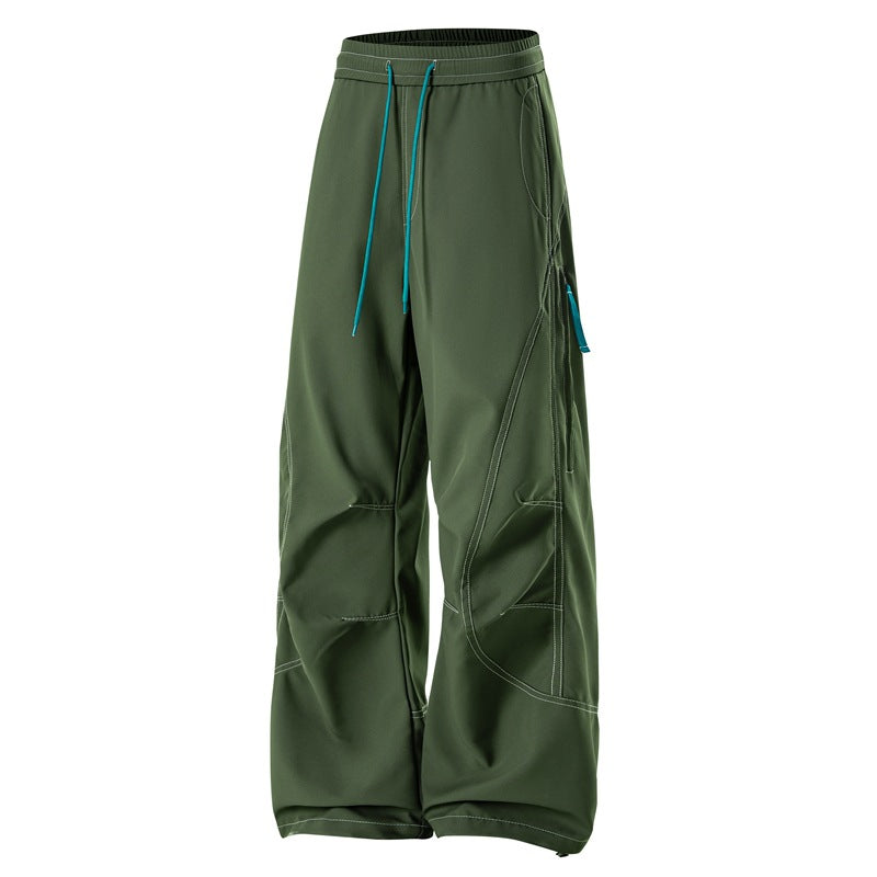 Men's Loose Cargo Pants with Elastic Waistband, Drawstring and Side Zip Pockets