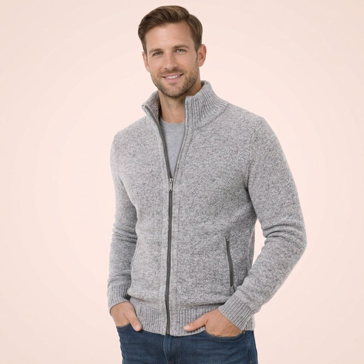 Men's Merino Wool Full-Zip Mock Neck Sweater