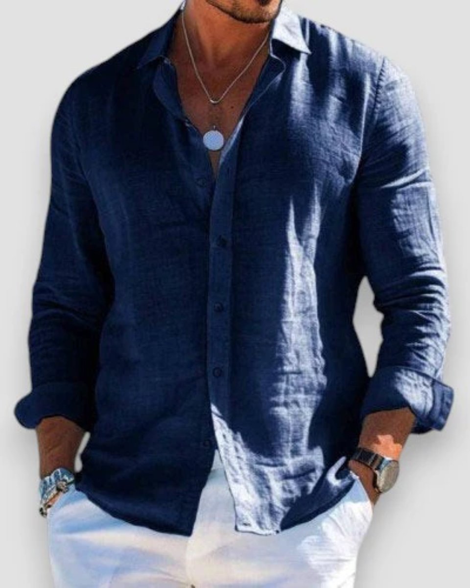 Men's Relaxed-Fit Lightweight Linen Long-Sleeve Button-Up Shirt