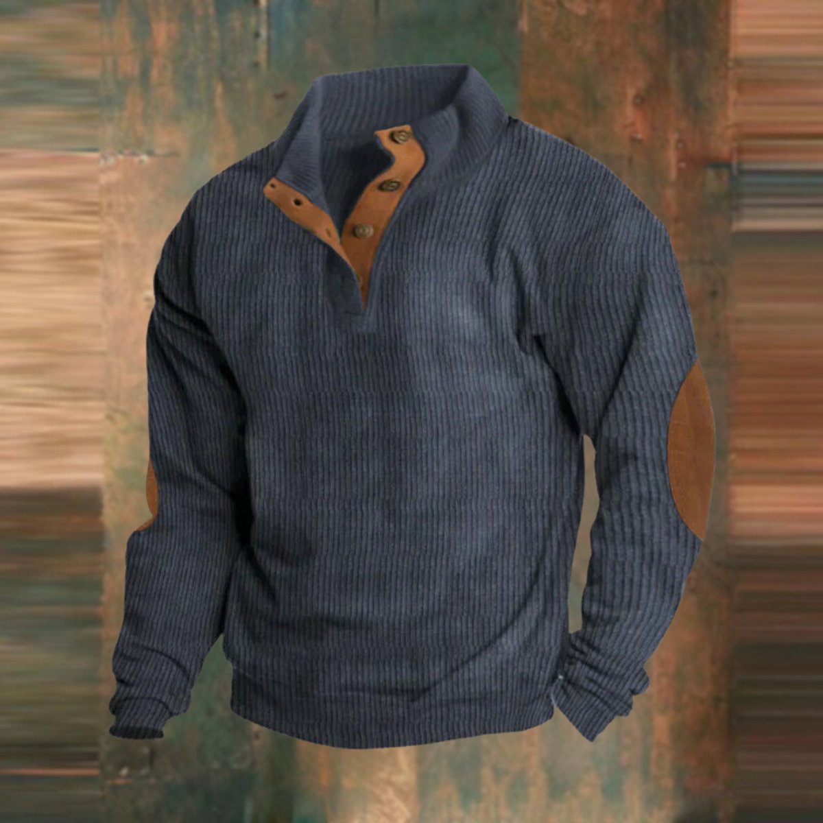 Men's Ribbed Knit Stand-Collar Pullover Sweater with Elbow Patches