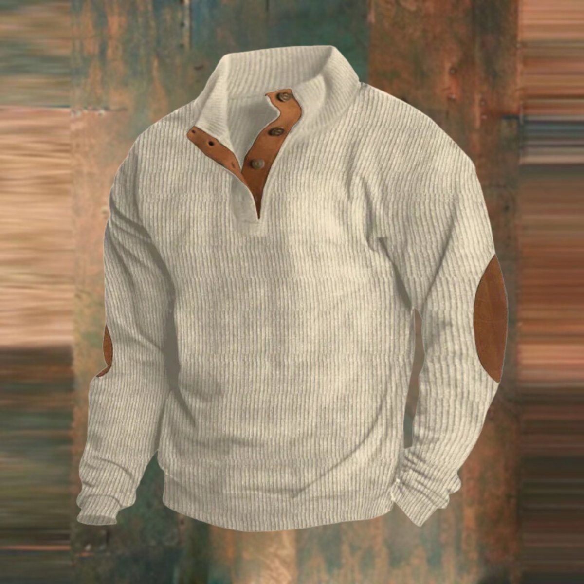Men's Ribbed Knit Stand-Collar Pullover Sweater with Elbow Patches