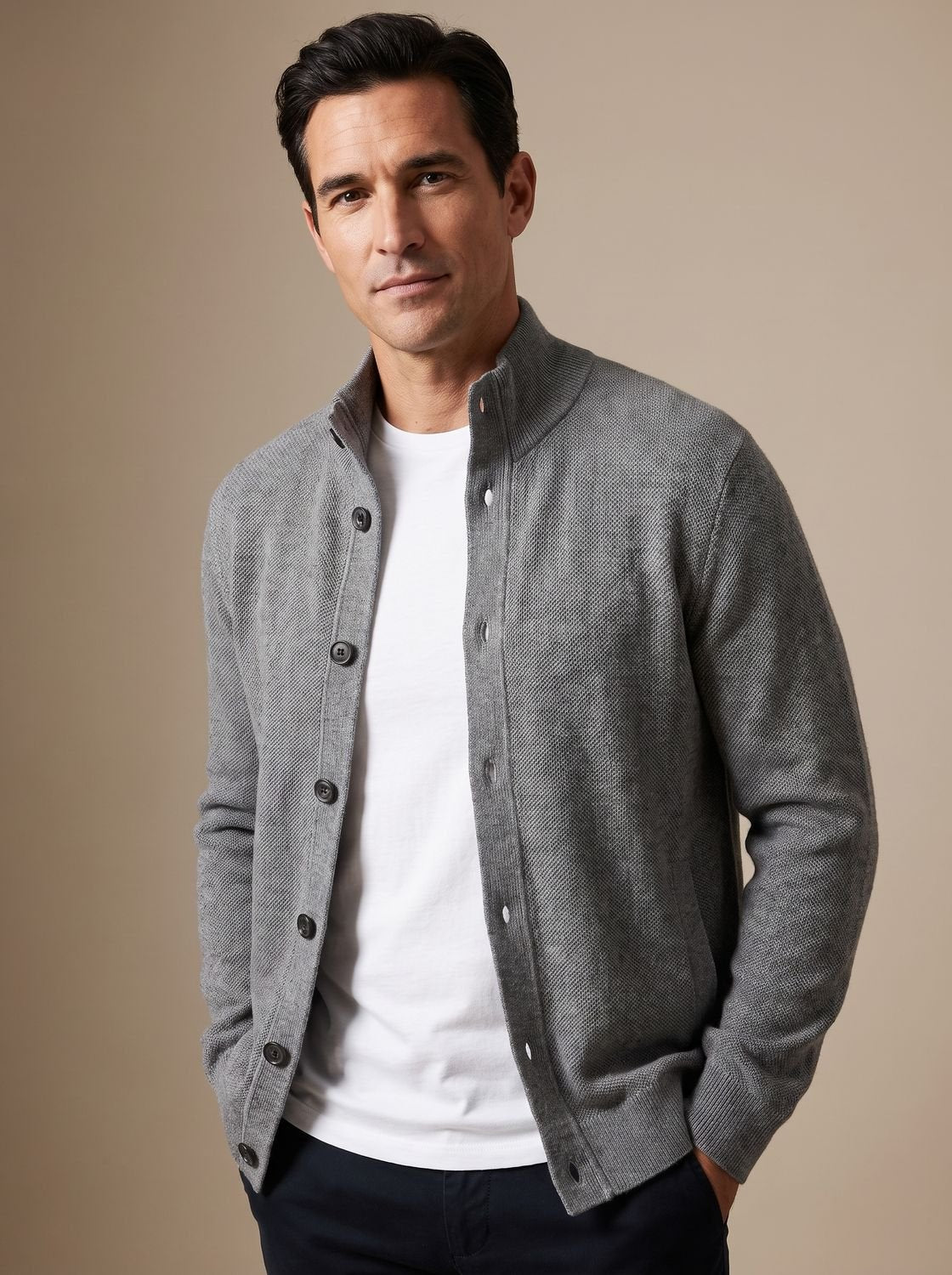 Men's Textured Knit Button-Front Stand-Collar Cardigan