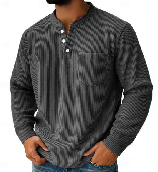 Men's Thermal Waffle Knit Henley Shirt with Stand-Up Collar and Chest Pocket