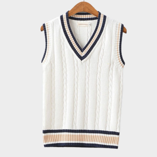 Men's V-Neck Cable Knit Striped Trim Sleeveless Sweater Vest