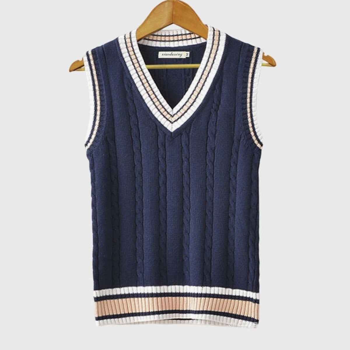 Men's V-Neck Cable Knit Striped Trim Sleeveless Sweater Vest