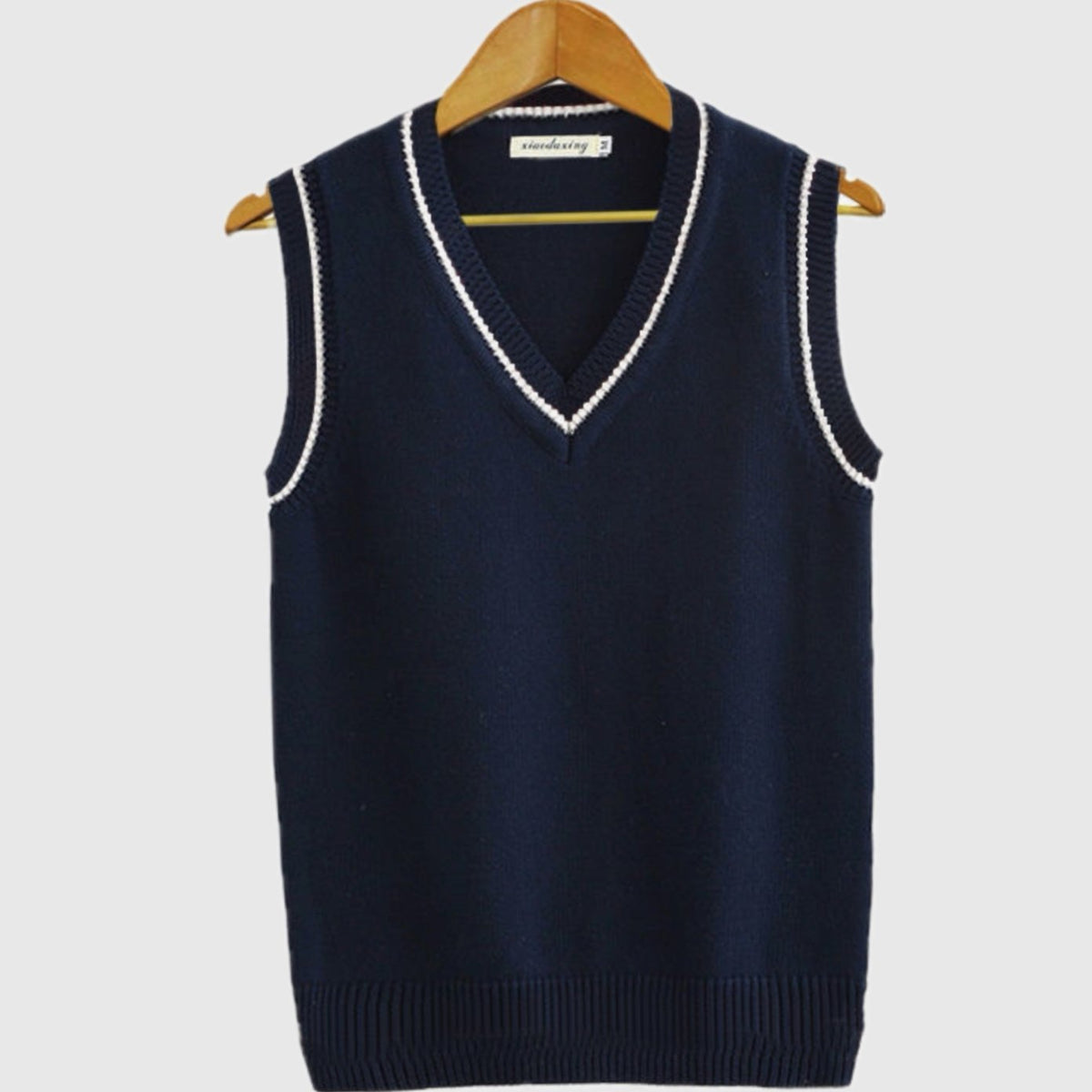 Men's V-Neck Cable Knit Striped Trim Sleeveless Sweater Vest