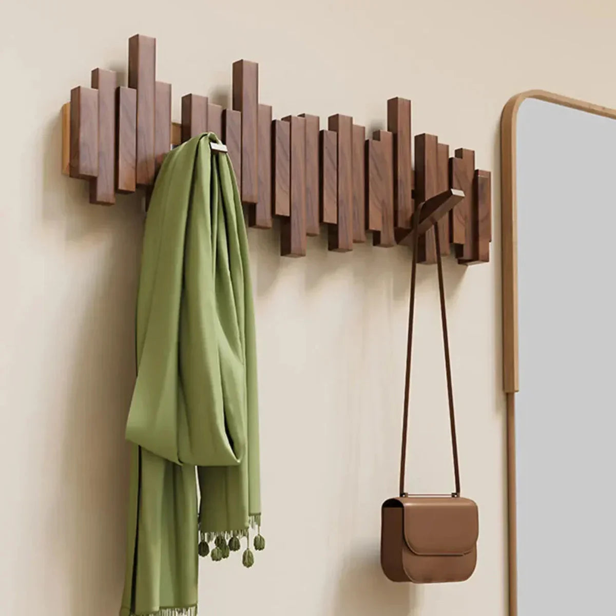Modern Piano-Style Coat Rack Made of Walnut and Beech Wood