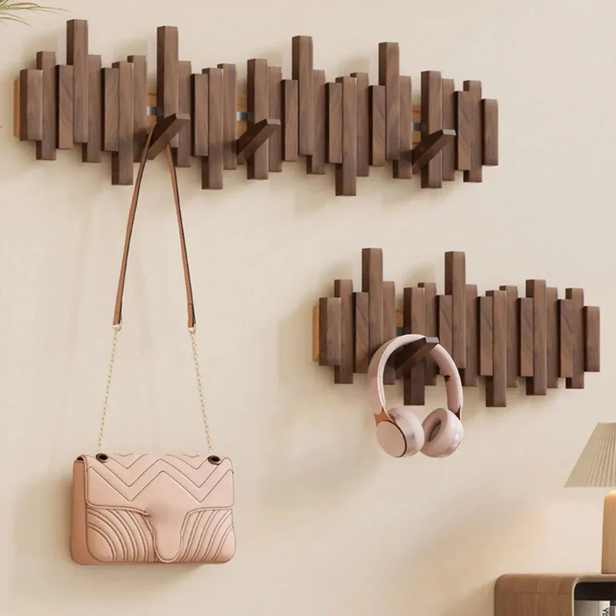 Modern Piano-Style Coat Rack Made of Walnut and Beech Wood